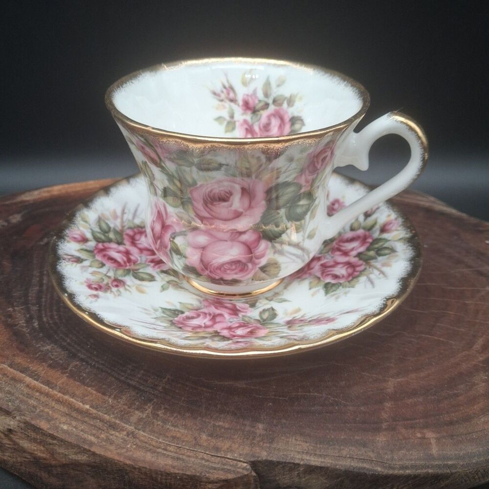 Royal Stanley Pink Roses Fine Bone China Teacup Saucer Set England Gold Trim